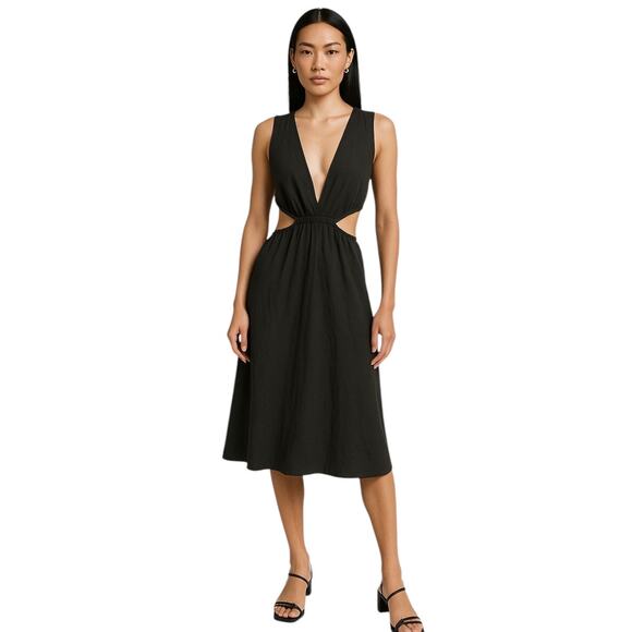 Zara Black Sleeveless V Neck Plunging Cut Out Waist A Line Maxi Dress Size XXL - Picture 1 of 6
